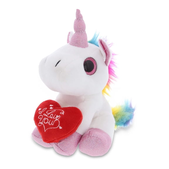 DolliBu I Love You Plush Sparkling Big Eye White Unicorn - Cute Stuffed Animal with Heart and with Name Personalization for Valentine, Anniversary, Date, Gift - 7"