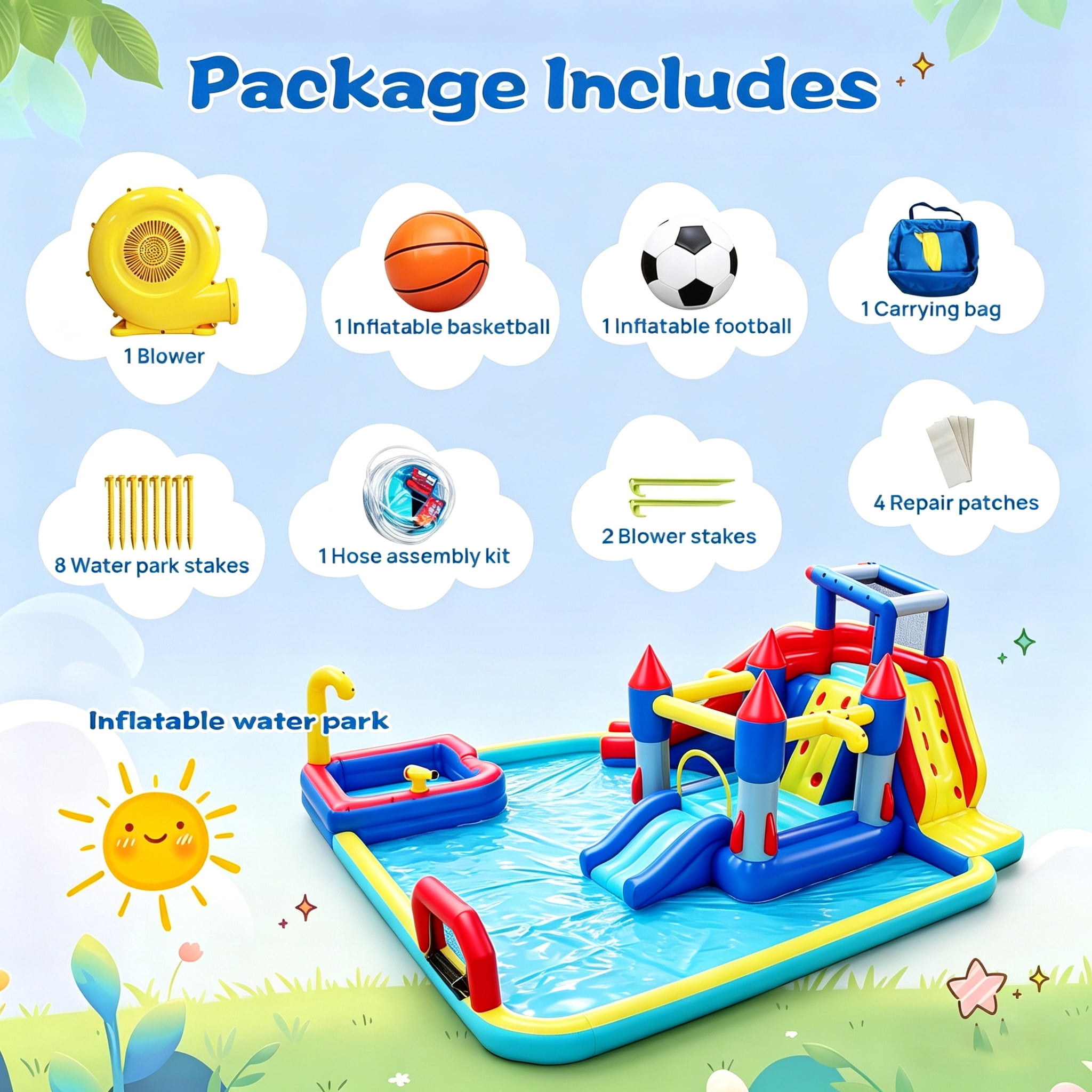 HNH 10 in 1 Inflatable Water Slide Kids Bounce House with Splash Pool & Water Gun & Basketball & Climbing Wall & Dual Pools & Soccer,650W Air Blower, 18.92x17.08FT