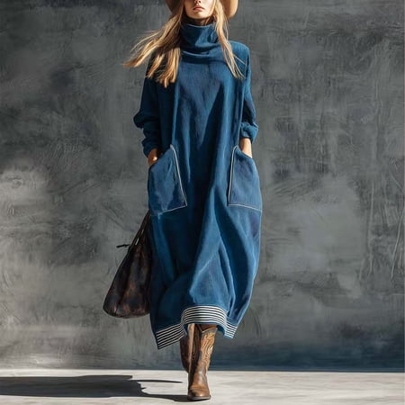 Morttic Women's High Neck Loose Fit Long Sleeve Maxi Dress – Spliced Stripes with Pockets, Elegant Fall Winter Dress Blue，S