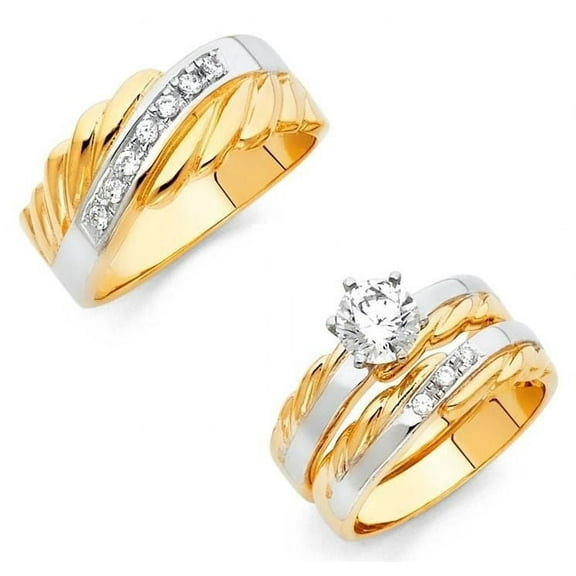 Trust Jewelry 14k Two Tone Solid Gold CZ Wedding Ring Set 1.50ct t.w, 14K Gold, [Includes Gift Box]