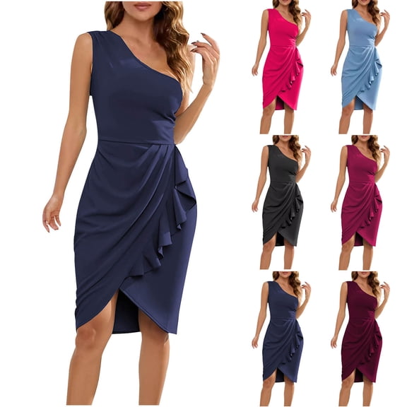 TAGOLD Womens Camis Sleeveless Dress Solid Color One Shoulder Waist Ruffle Hem Split Midi Dress