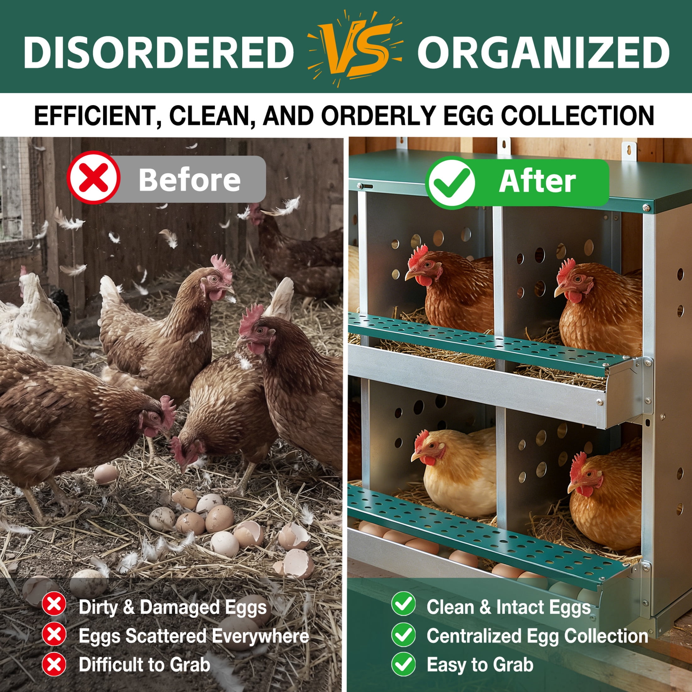 Noble House 6-Hole Steel Chicken Nesting Box with Sloped Roof and Egg Collection Incline, for Hens, Ducks, Green