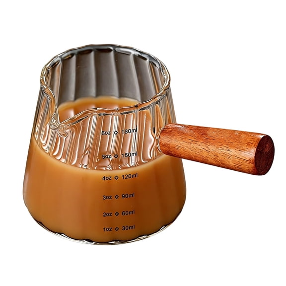 Multifunctional Kitchen Tool for Beverage Measurement Glass Cup and Wood Handle 180ml Clear Scale Precise Pouring Application