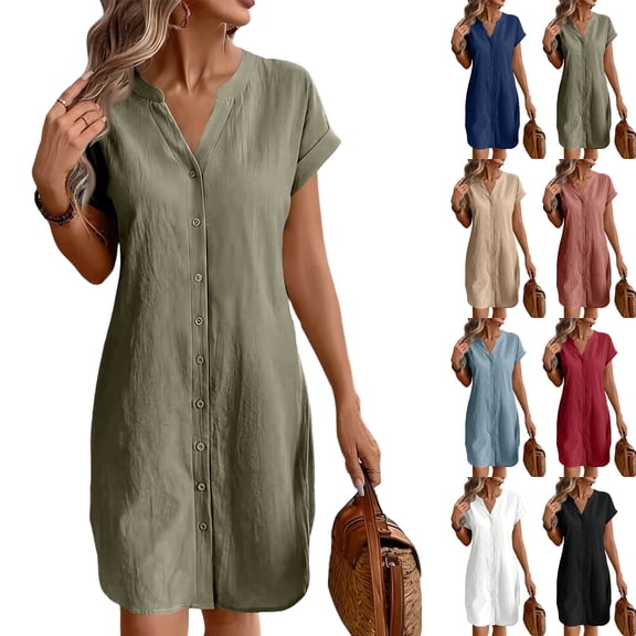 CIENVNSTG Summer Dresses for Women 2026 Casual Button Down Linen Shirt Dress Short Sleeve Knee Length Tunic Dress Black L