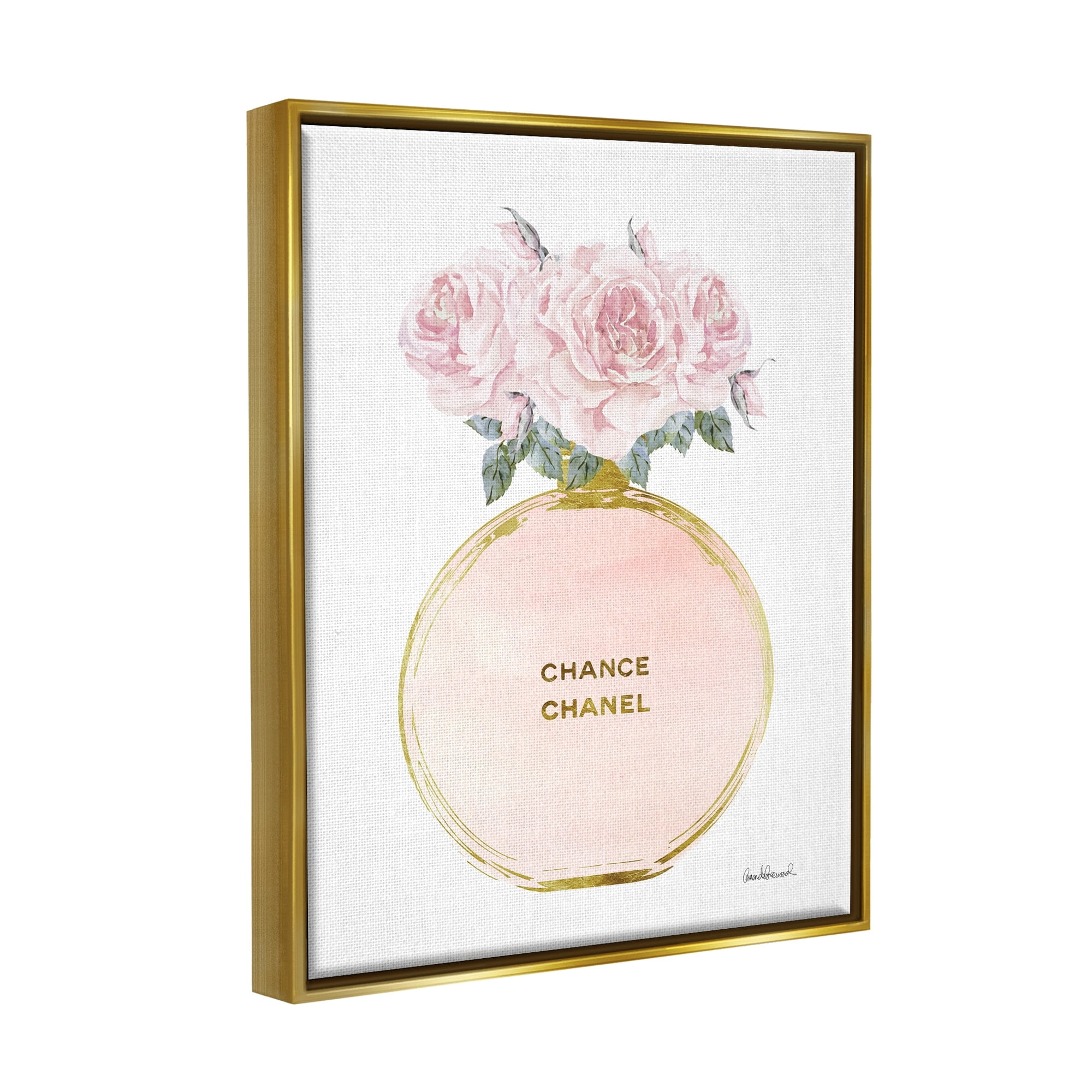 Stupell Industries Pink and Gold Round Perfume Bottle with Roses Metallic Gold Framed Floating Canvas Wall Art, 16x20, by Amanda Greenwood