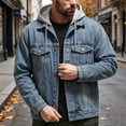 thumbnail image 2 of Jerdar Men's Faux Two Piece Hooded Denim Trucker Jacket Lapel Collar Button Flap Pockets Washed Long Sleeve Loose Fit Vintage Casual Fall Winter Streetwear Jean Outerwear Coat Top, 2 of 5