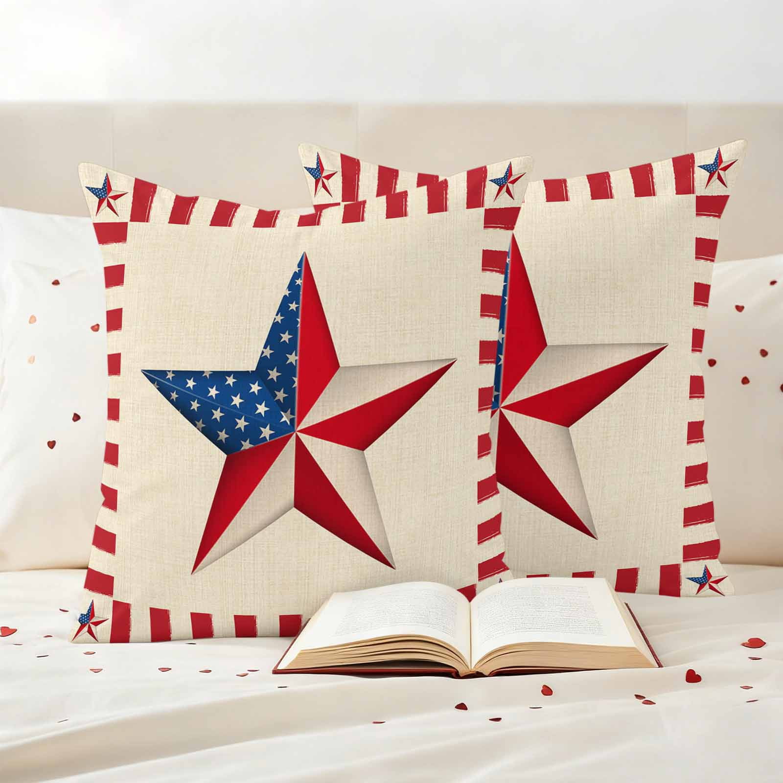 Independence Day Pillow Covers 2 Pack Farmhouse American Flag Pentagram Pillowcase Waterproof Outdoor Throw Pillow Cover for Patio Garden Square Cushion 24”x24”