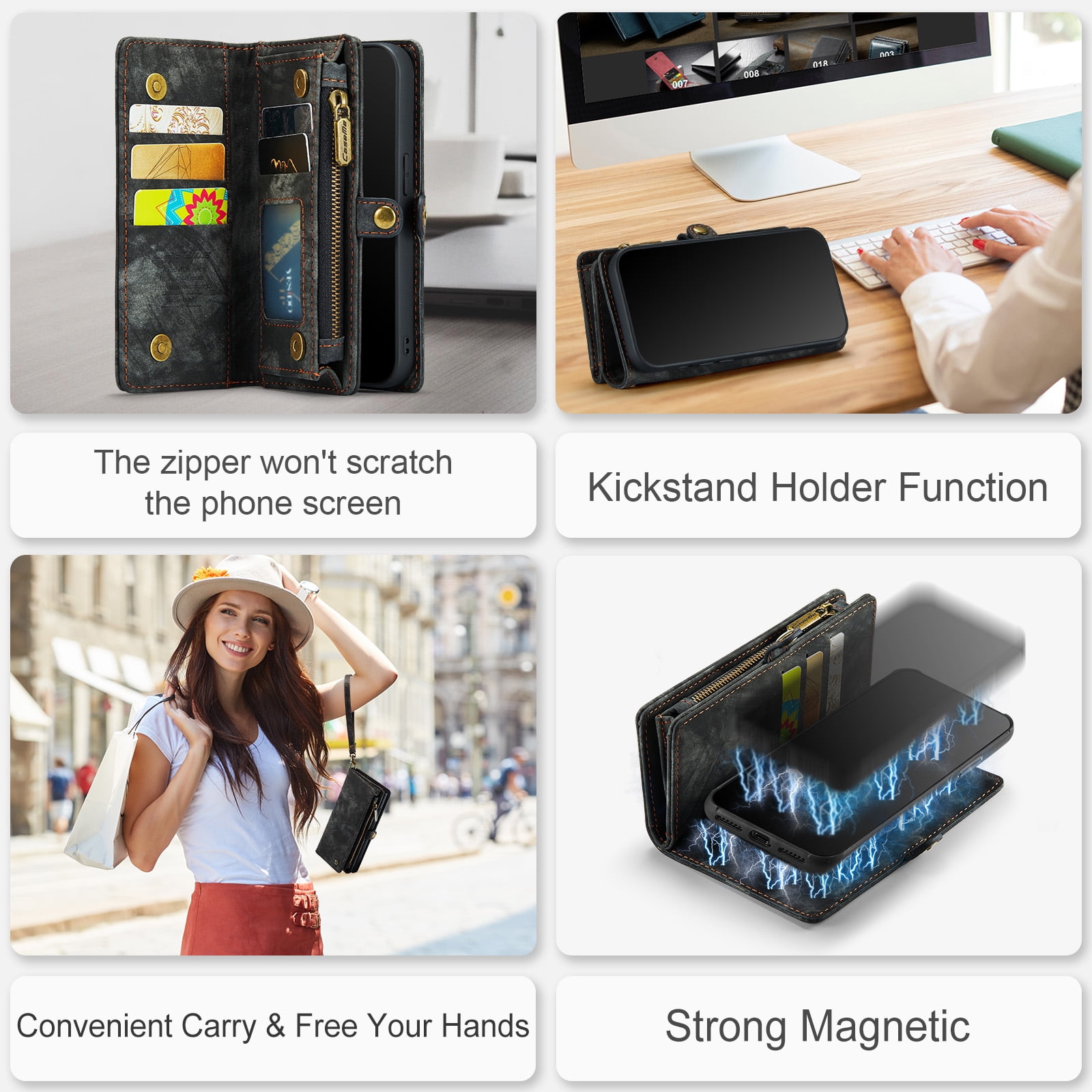 Feishell Durable 2-In-1 Magnetic Detachable Wallet Case for iPhone 7/8/SE 2020/SE 2022,for Women Men,Premium PU Leather Zipper Pocket Flip Multi Card Slots Purse Phone Case with Wrist Strap,Black