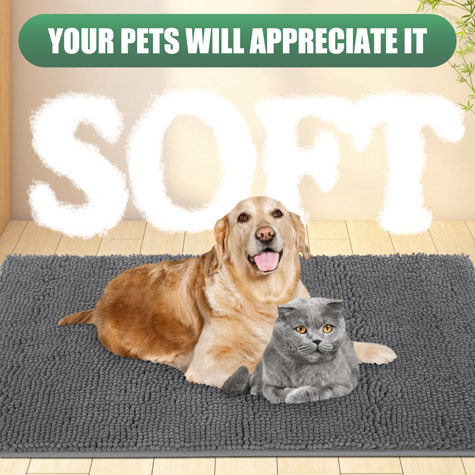 Chenille Absorbent Outdoor Doormat 60" x 36", Washable Muddy Door Mats for Dog Non Slip Indoor Doormat Dog Mat for Muddy Paw Front Inside Doormats for Entryway Grey