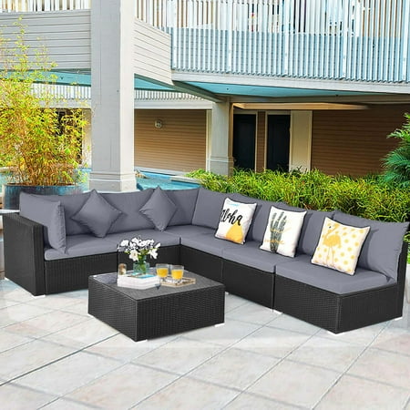 Costway 7 PCS Patio Rattan Sofa Set Sectional Conversation Furniture Set Garden Outdoor - Gray +Black