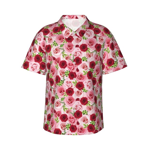 Fotbe Rose Flowers Camisa Hawaiana para Hombre Unisex – Camisa Casual de Verano con Botones de Manga Corta de Algodón y Lino,X-Large