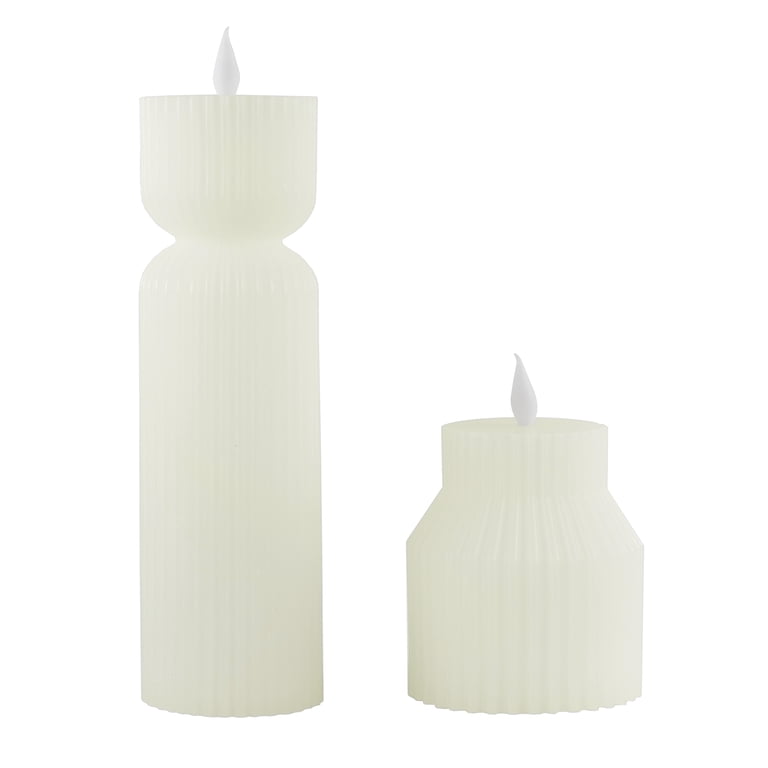LED Flameless Fluted Figural Wax Candle Set, White, 2-Piece photo 2