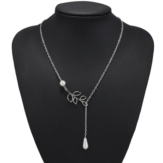 Tenande Venta caliente Color plata Hoja grande Perla simulada Gotas de agua Collares amp; Colgantes para mujer Accesorios de joyería Collier Tan Jianjun unisex