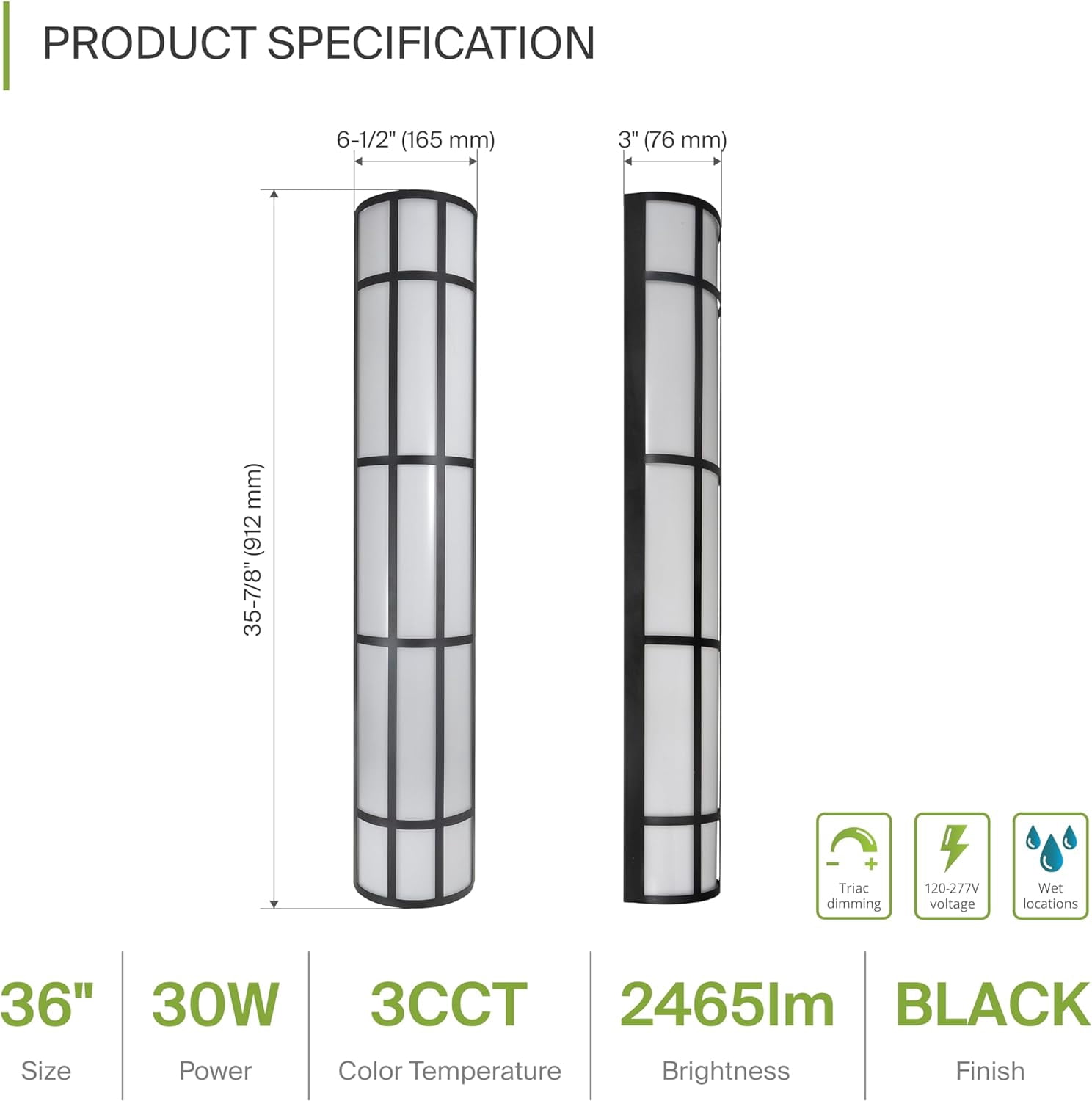 ASD 36 Inch LED Outdoor Wall Mount Light Fixture with Grid - Matte Black Modern Wall Sconce - 30W 120-277V 3000K 4000K 5000K Adjustable - Dimmable Exterior Lights - Front Door, Patio - ETL
