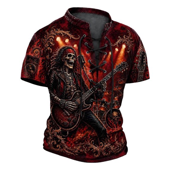 Yuanlong Boys Skull Print Tshirts Halloween Short Sleeve Lace Up Tees Vintage Funny Breathable Casual Daily Party Streetwear Top