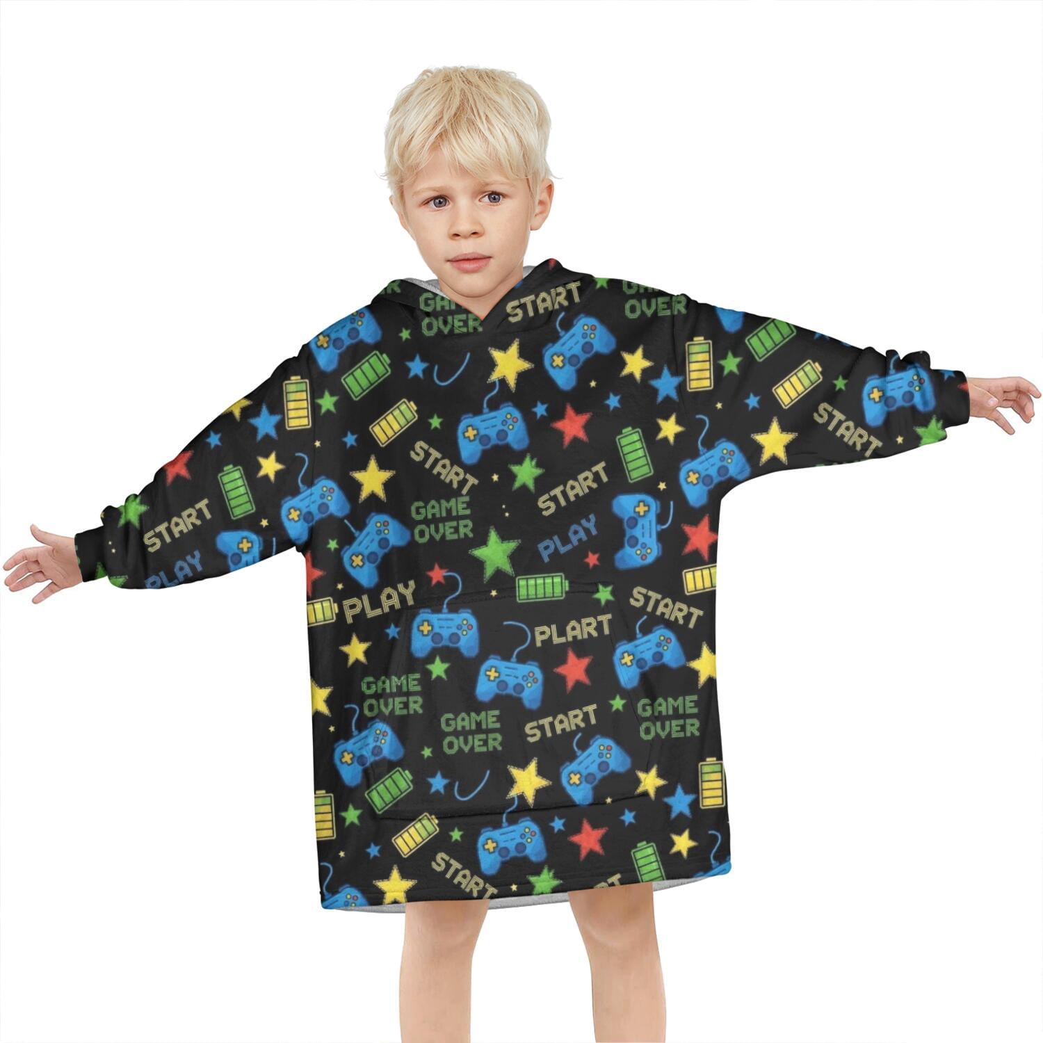 Colorful Controllers Games Icons Black Pattern Blanket Hoodies for Kids 6-13YR Oversize Wearable Blanket Hoodies for Boys Girls Teens