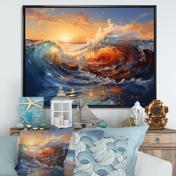 Designart "Sunrise Hues Blue and Orange Waves II" Coastal Framed Wall Art - Coastal Blue Coastal Waves Bedroom Framed Canvas Wall Art