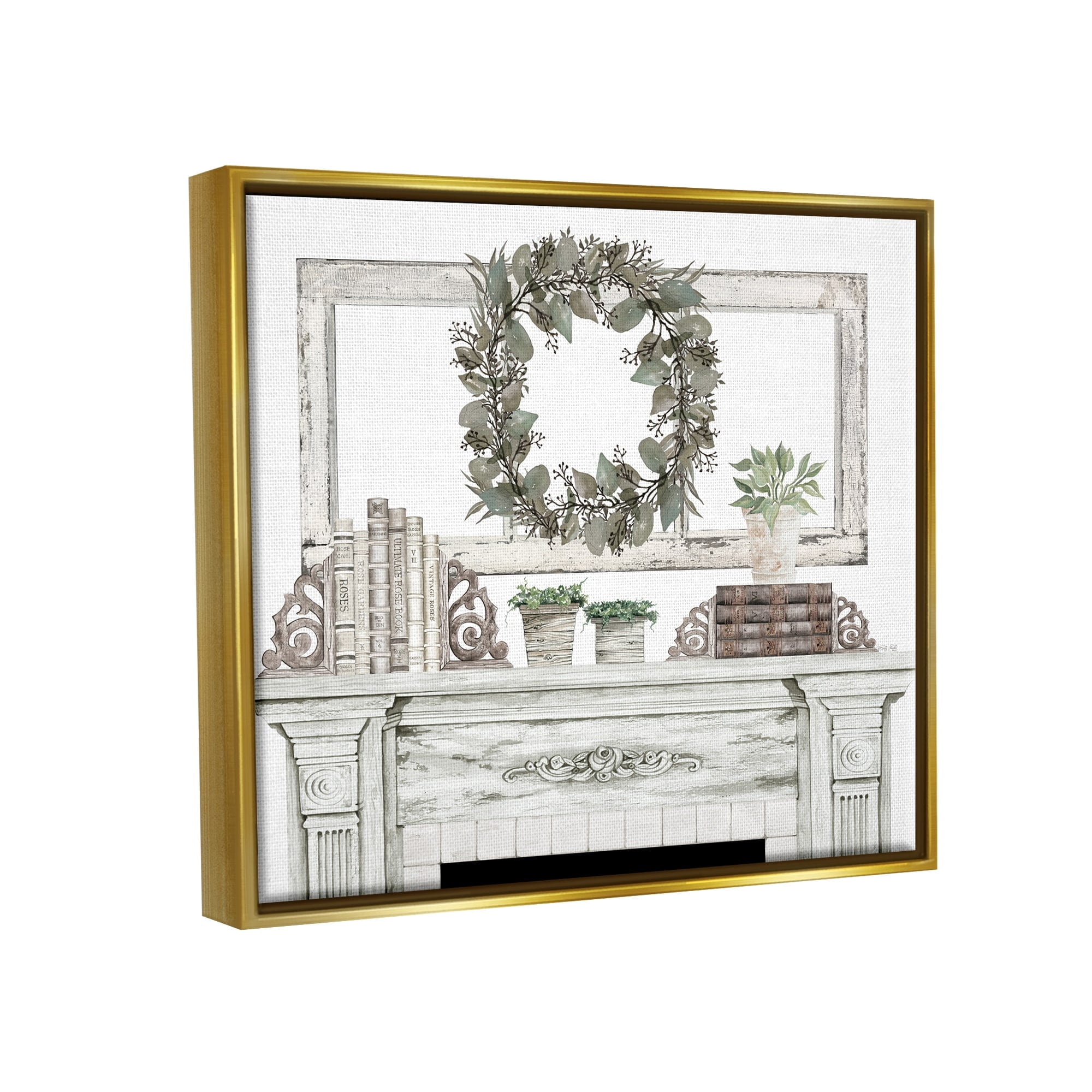 Stupell Industries Festive Wreath Cozy Fireplace Mantel Rustic Design Graphic Art Metallic Gold Floating Framed Canvas Print Wall Art, Design by Cindy Jacobs