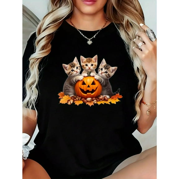Women's Black Print Tshirt Graphic Tees Shirts Cute Halloween Kittens With Jack O Lantern Pumpkin Fall Leaves S-5XL Tops