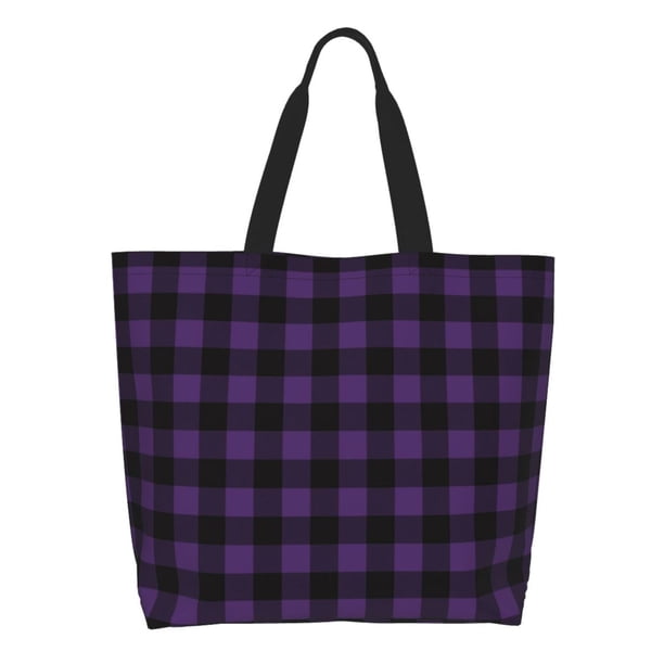 Balery Purple Black Plaid Bolsa Tote Estilo Estético con Cremalleras, Bolsa de Hombro, Bolsa de Compras Grande y Plegable