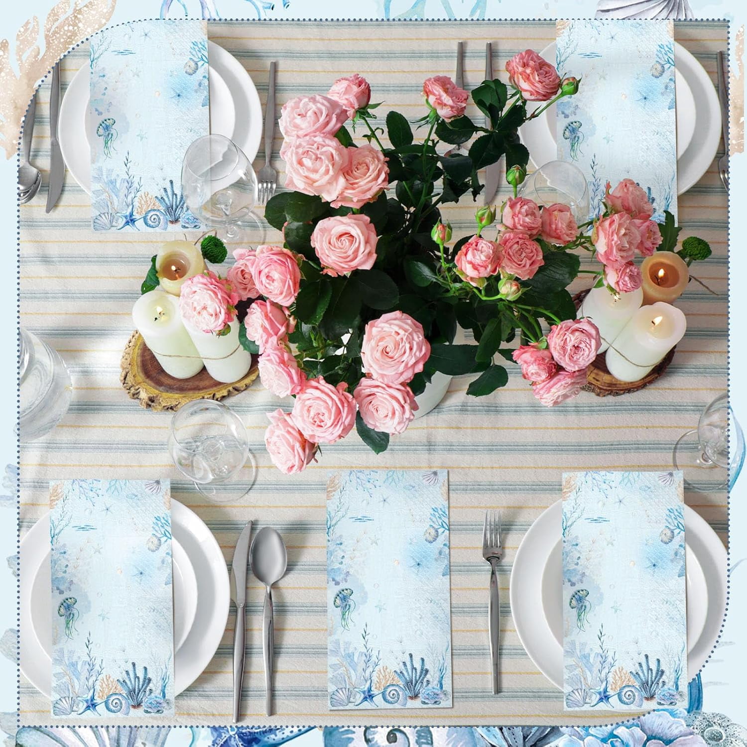 100 Pcs Christmas Coastal Paper Napkins Disposable Blue Sea Ocean Decoupage Napkins Bathroom Guest Seashell Nautical Coral Decorative Paper Towels for Kitchen Wedding Dinner Party