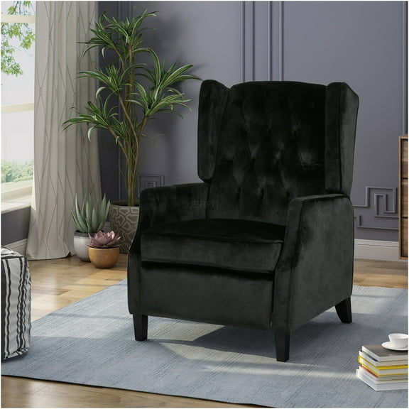 JERFIT Mid-Century Modern Pushback Recliner Chair, Velvet Upholstered Wingback Armchair with Tufted Back and Nailhead Trim for Living Room, Bedroom in Black