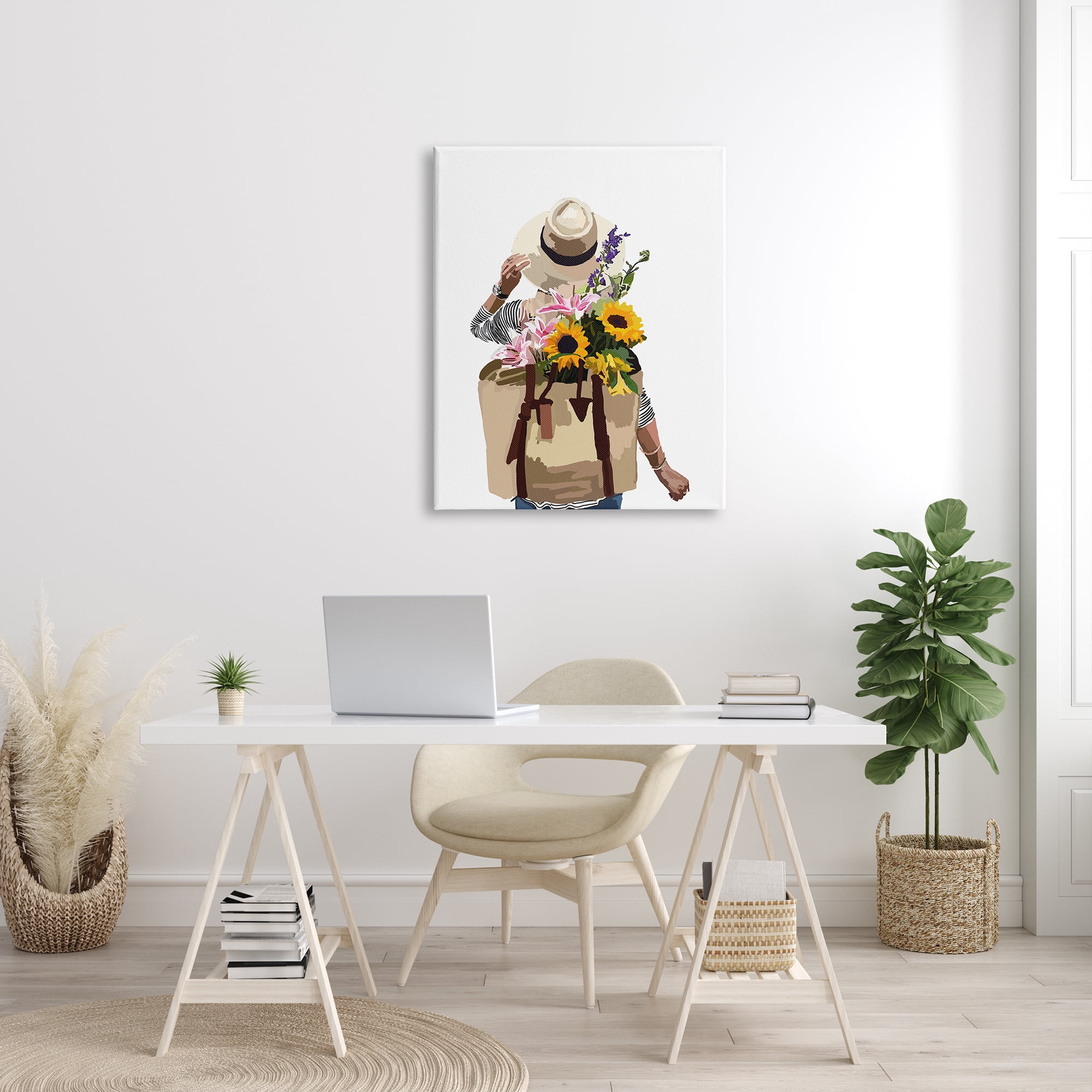 Stupell Industries Woman Carrying Floral Backpack Varied Sunflower Blossoms Graphic Art Gallery Wrapped Canvas Print Wall Art, Design by Amelia Noyes