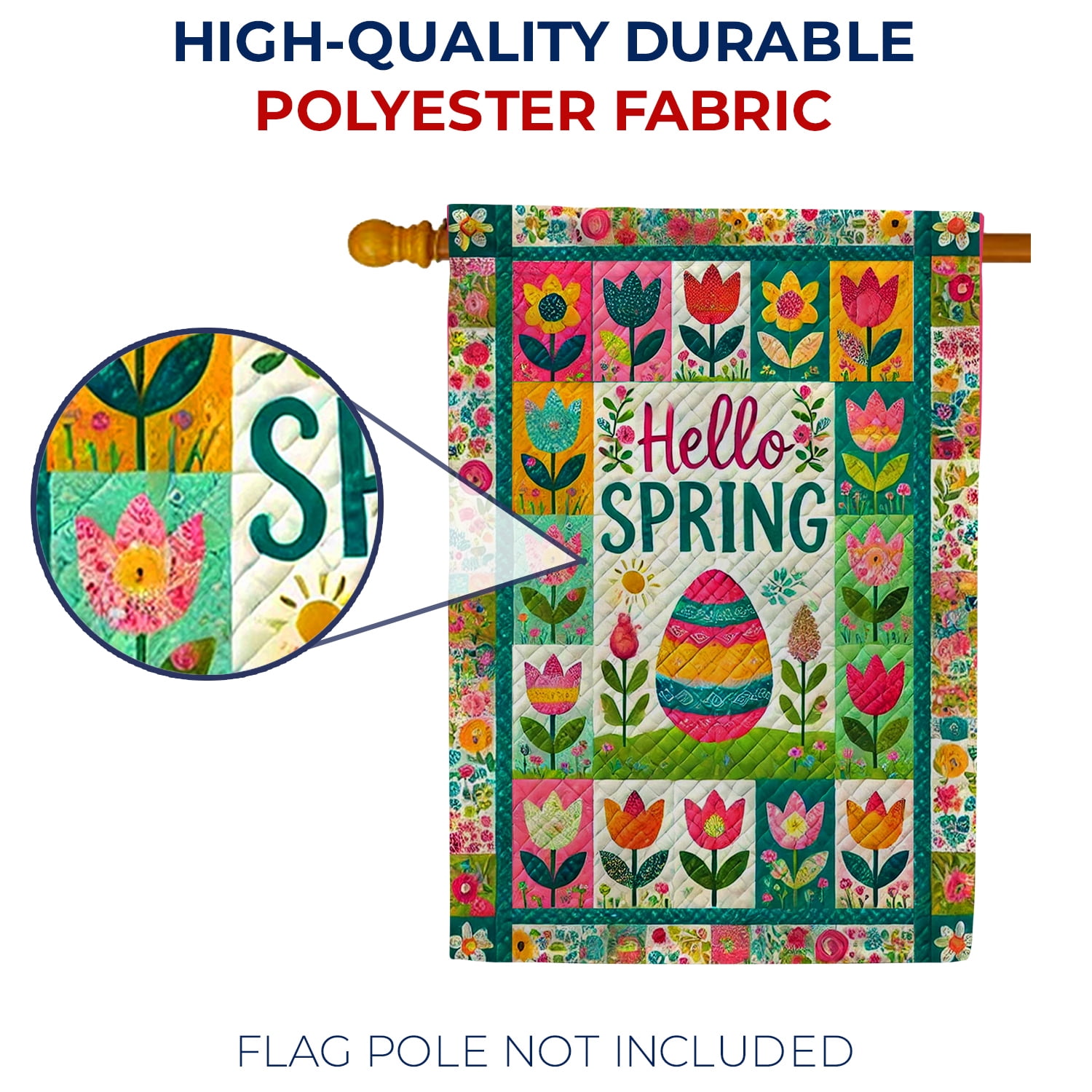 America Forever Hello Spring Patchwork House Flag, 28 x 40 inch Double Sided, Quilted Patterns Flowers Yard Flags, Easter Egg Banner, Spring Seasonal Outdoor Easter Day Decorations for Lawn