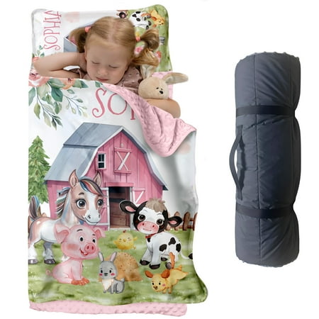 AOLOA Custom Farm Animal Nap Mat for Toddlers Personalized Barnyard Sleeping Bag with Nap Blanket Pink Barn Theme Roll Up Mat for Daycare or Preschool