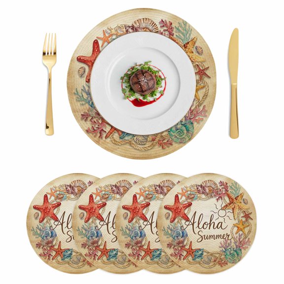 Summer Coastal Round 13 Inch Placemats Set of 4, Nautical Ocean Starfish Conch Coral Retro Brown HeatResistant Non Slip Place Mats for Dining Table, Wipeable Kitchen Table Mats for Housewarming