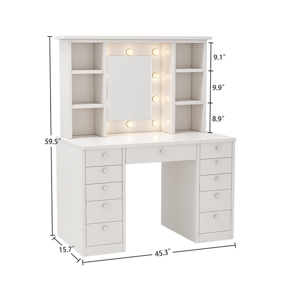 Vanity Desk with LED Lighted Mirror, Makeup Vanity with 11Drawers, 3 Color Lighting Modes Brightness Adjustable, Hidden Wiring, Dressing Table for Bedroom, White RR