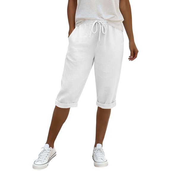 Arlun 2026 Summer Beach Linen Five Point Pants with Pockets Lightweight Comfort Breathable Pure Color Half Trousers Stretch Waist Straight Leg Knee Length Leisure Pant White XL