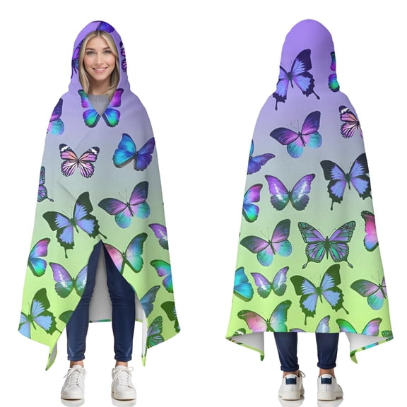 Wearable Blanket,Gradient Color Butterfly Pattern Hooded Wearable Flannel Blanket for Adults & Teens,Winter Poncho Shawl Wrap Cape Cozy Anti-Pill,50"x60"