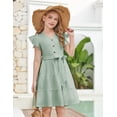 thumbnail image 3 of Vestido Arshiner para niñas, manga corta, verano, cuello en V con cinturón, 9-10Y, 3 of 9