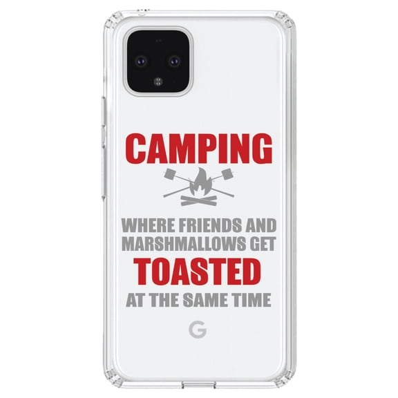 DistinctInk Clear Shockproof Hybrid Case for Google Pixel 4 (6.1" Screen) - TPU Bumper Acrylic Back Tempered Glass Screen Protector - Camping - Friends & Marshmallows Get Toasted