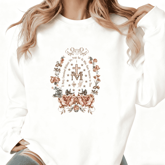 Marian Floral Scriptural Graphic Tee T-Shirt Top Print Trendy and Soft Round-neck long-sleeved white S-3XL