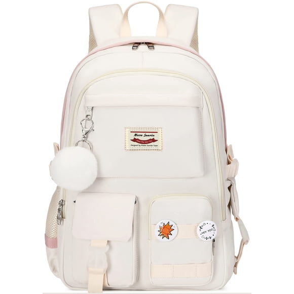 Big Student Laptop Backpack For College Women Middle High School Teen Girls Bookbag Travel Daypack (Beige)