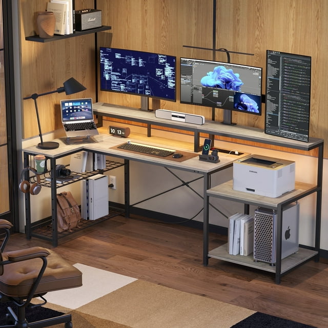 71 inch L-Shaped Gaming Desk with Power Outlets LED Computer Office Table with Monitor Stand & Storage Shelf in Rustic
