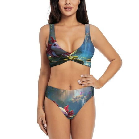 Zeuib Pond Cute Axolotl High Waisted Tummy Control Bikini Set - Knot Front Push Up Top & Cheeky Thong Bottom  Two-Piece Swimsuit for Women-XX-Large