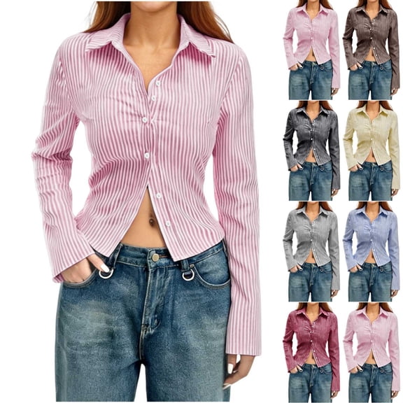 Womens Long Sleeve Striped Button Down Blouse Tops Slim Fit Collared Dress Shirts, 2026 Summer Casual Business Office Work Outfits Wrinkle Free Trendy Clothes
