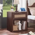 thumbnail image 4 of Rattan Nightstand with Charging Station, 23" Wide Boho Night Stand with Drawer, Walnut Bed Side End Tables Dresser for Bedroom, Living Room, Hallway, 4 of 8