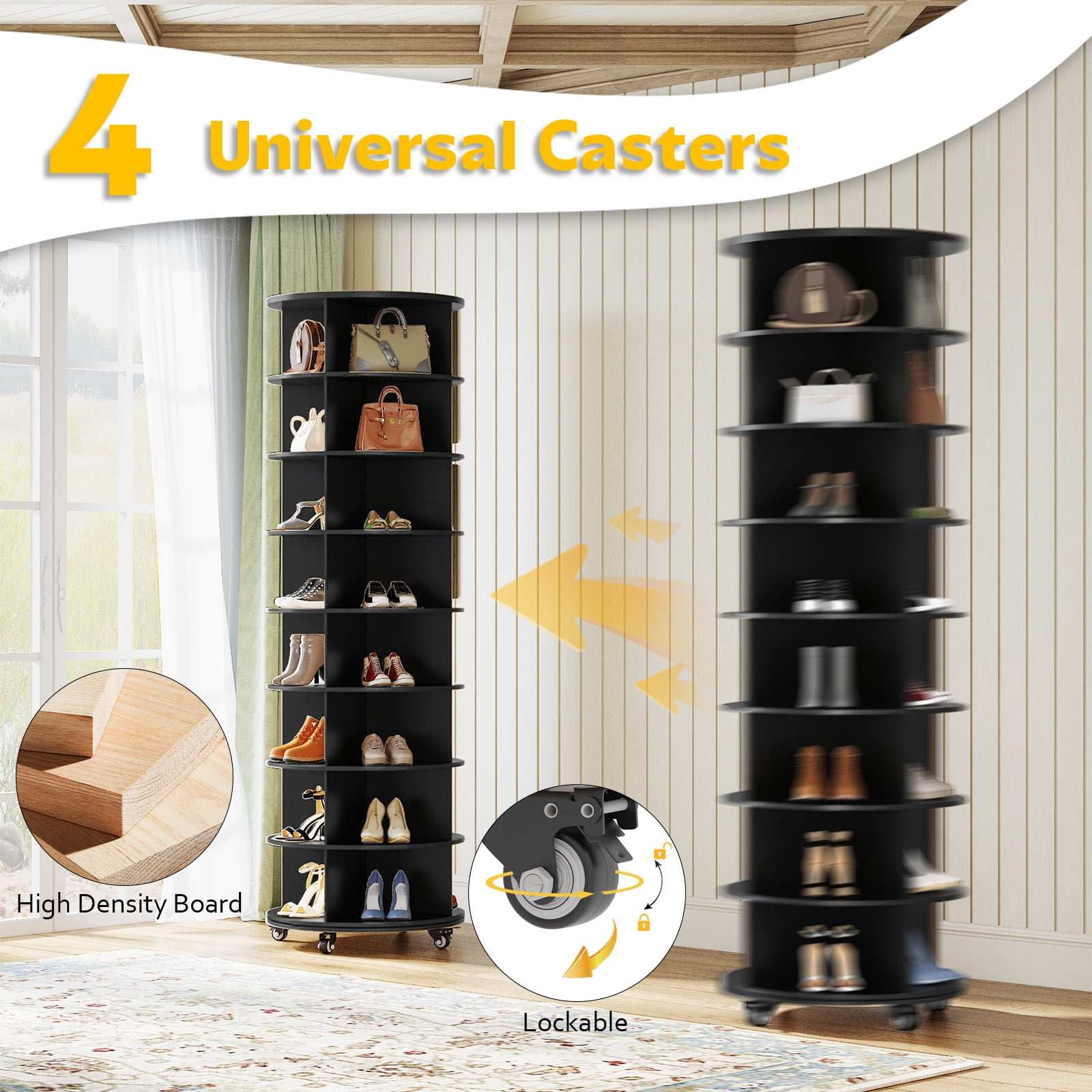 YODOLLA 8 Tier Rotating Shoe Rack with 4 Universal Casters, 360° Spinning Shoe Display Lazy Susan  (Black, 23.6’’×23.6’’×74’’)