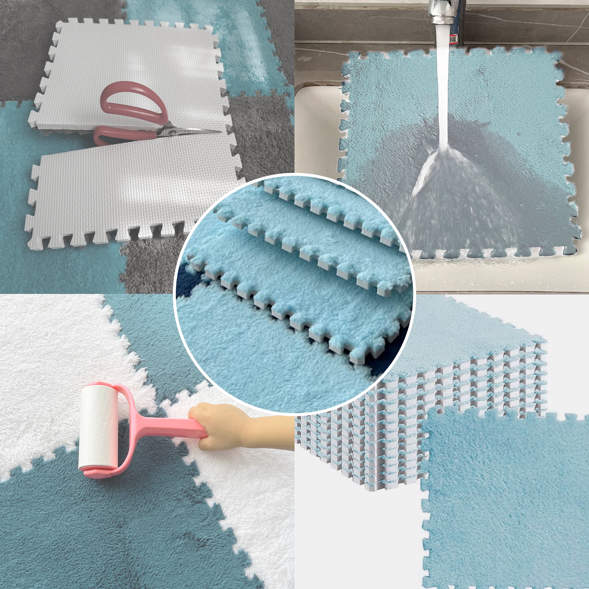 Interlocking Carpet Shaggy Soft EVA Foam Mats Fluffy Square Thickened Plush Tiles Protective Floor Tiles Exercise Play Mat for Children Kids Room Home Parlor Bedroom (Sky Blue, 12 Pcs)