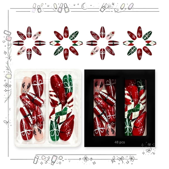 Christmas Green Red Press on Nails,Medium Almond Fake Nails with Bows Plaid,Acrylic Glitter Glue on Nails Glossy Reusable Winter Xmas False Nails for Women Girls Holiday Manicure Daily 24pcs