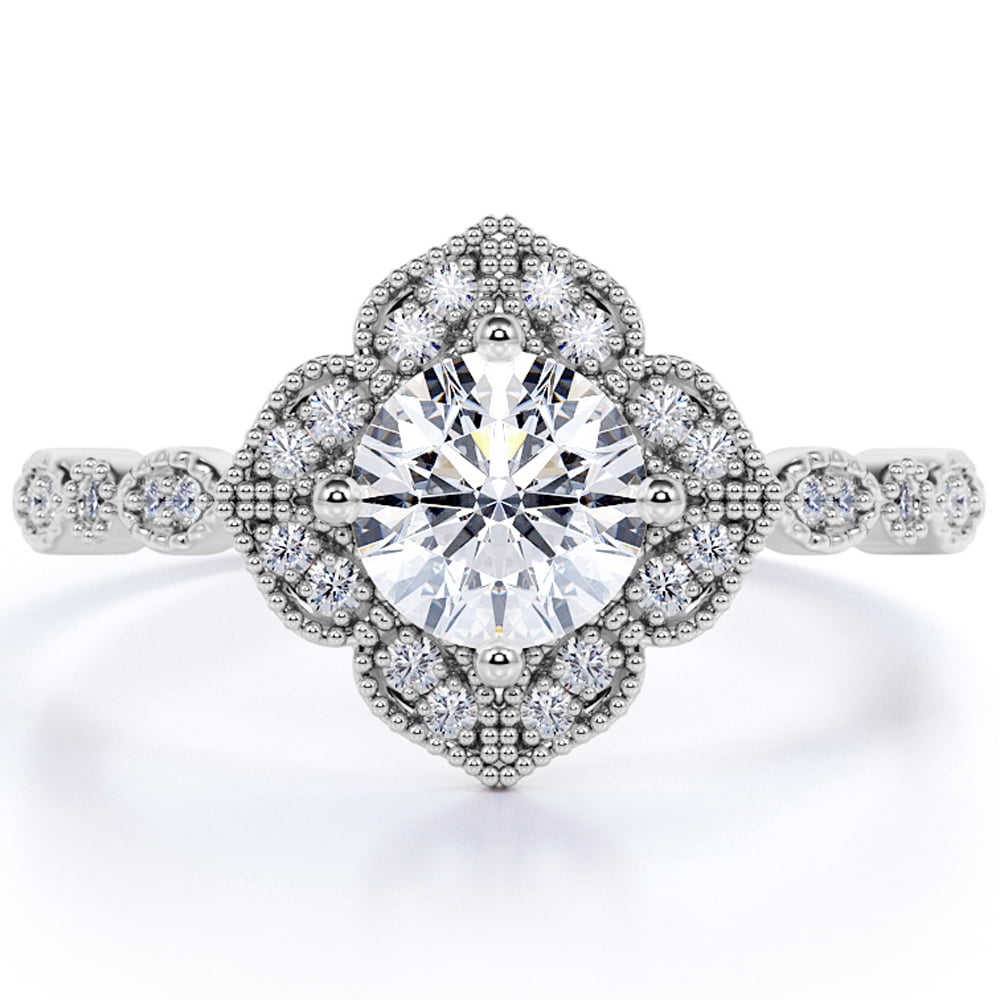 JeenMata Hand Made 1.75 Carat Round Cut Moissanite Engagement Ring in 18k White Gold Over Silver Vintage Ring