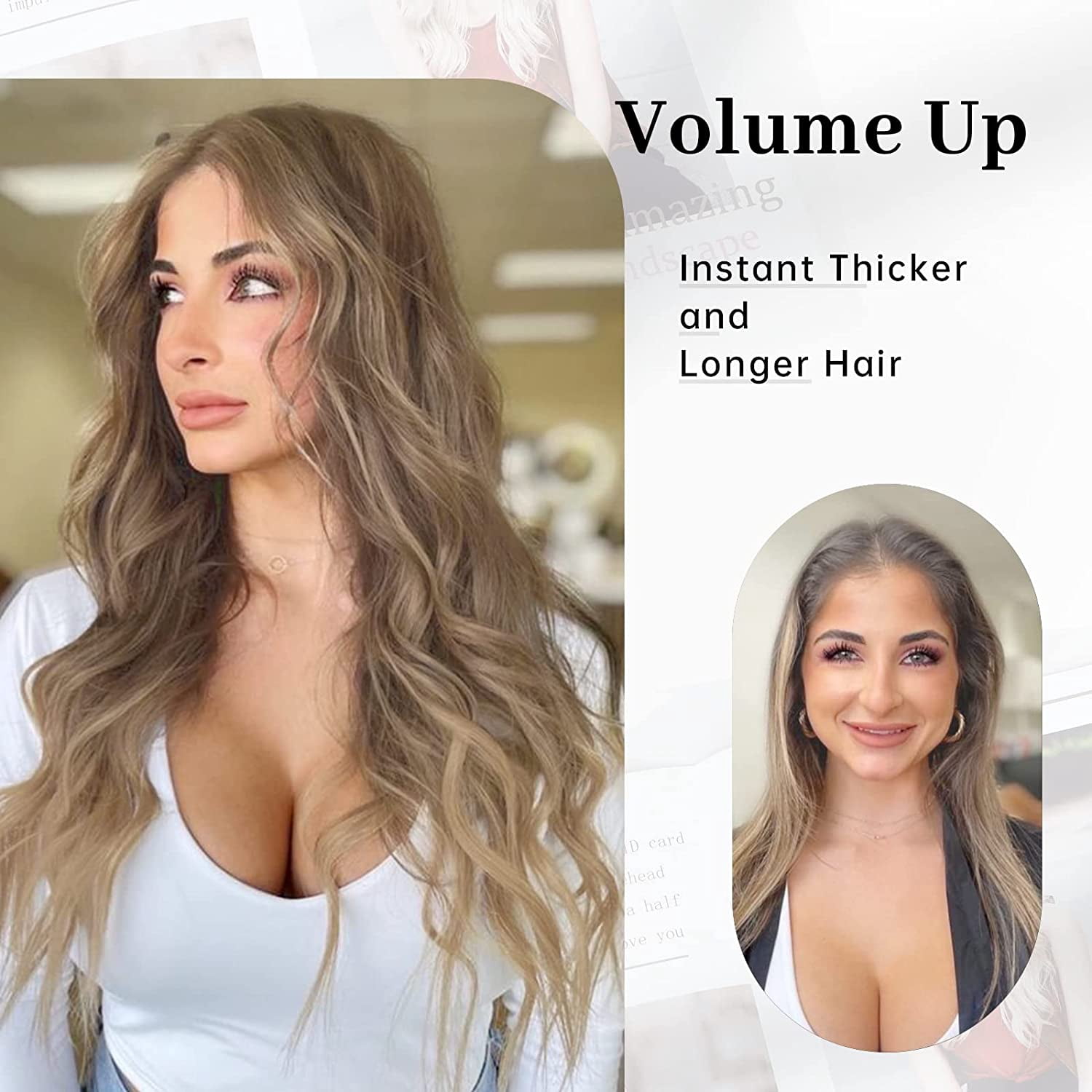 Invisible Wire Hair Extensions with Transparent Wire Adjustable Size 4 Secure Clips Long Wavy Secret Synthetic Hairpiece 24 Inch Ash Brown mix Bleach Blonde for Women
