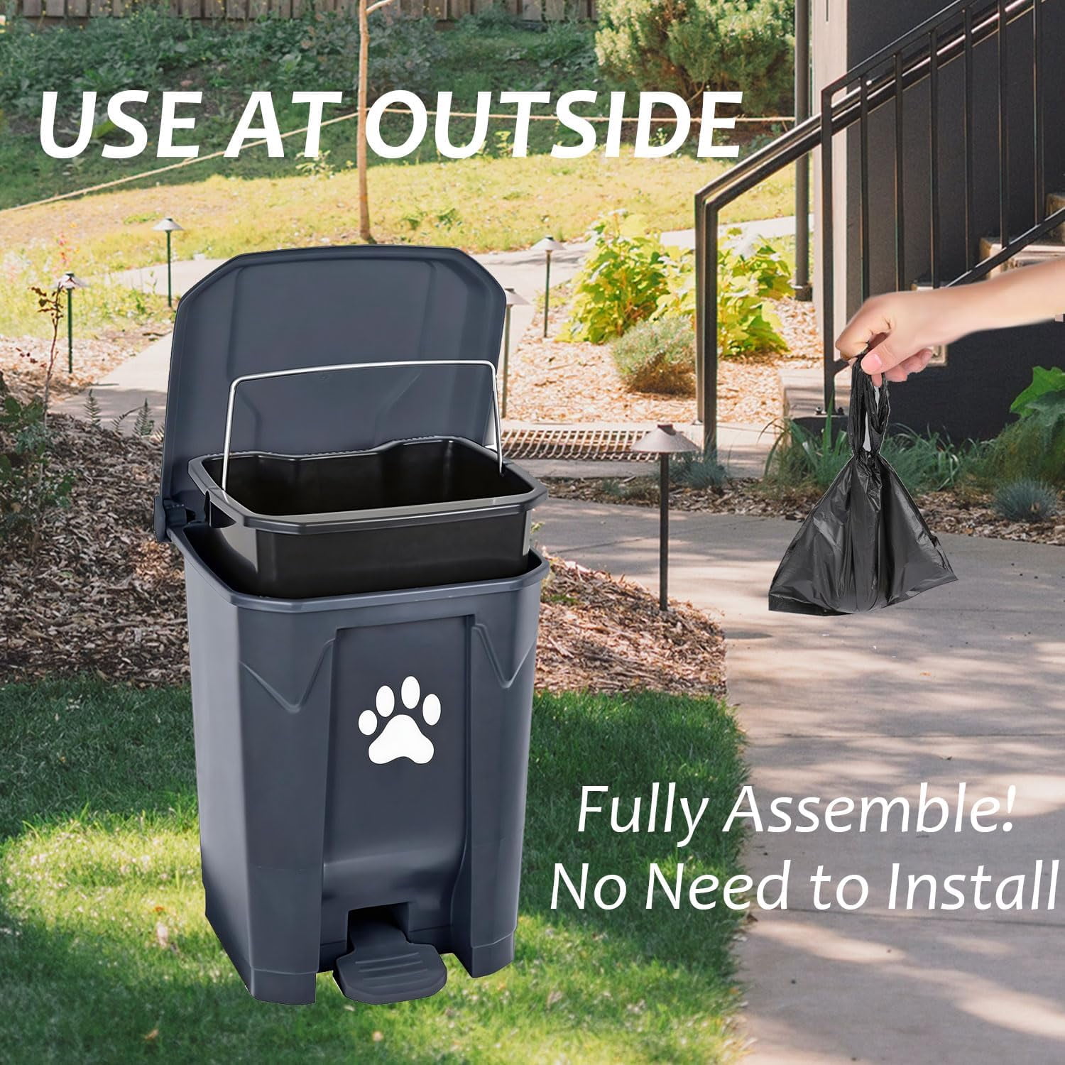 Dog Poop Trash Can Outdoors Pet Waste Station with Lid Dog Waste Disposal Container with Removable Inner Bin Bucket Hands-Free Pedal Garden Yard Home with Waste Bags, Black
