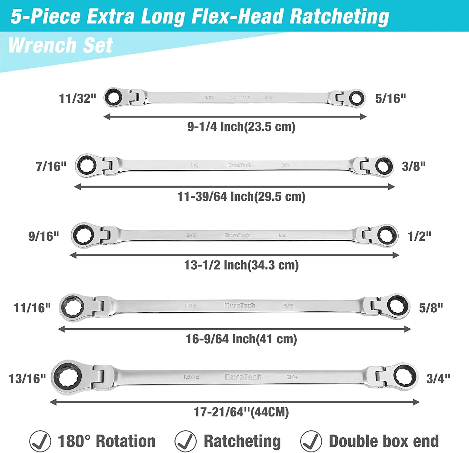 Extra Long Flex-Head Ratcheting Wrench Set, Double Box End Wrench Set, 5-Piece, SAE, 5/16" to 13/16", CR-V Steel, with EVA Foam Tool Organizer