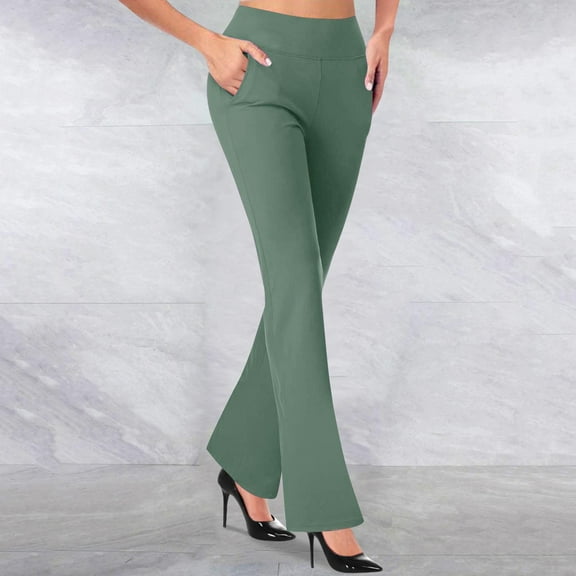 Oiangi Womens Flare Leggings Casual Elastic Waist Dress Pants Business Office Work Slacks with Pockets Army Green M