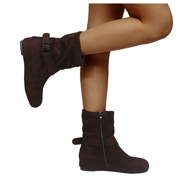 Mepaouo Women's Mid Calf Boots Fashion Slouch Flat Ankle Booties Suede Buckle Walking Riding Boots